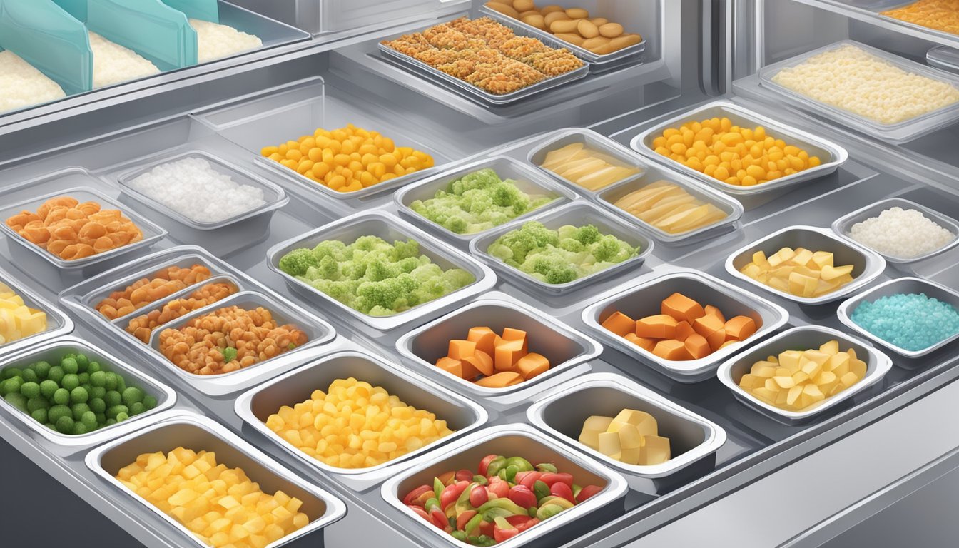 A freezer stocked with a variety of frozen meals and snacks, surrounded by colorful packaging and labels displaying nutritional information