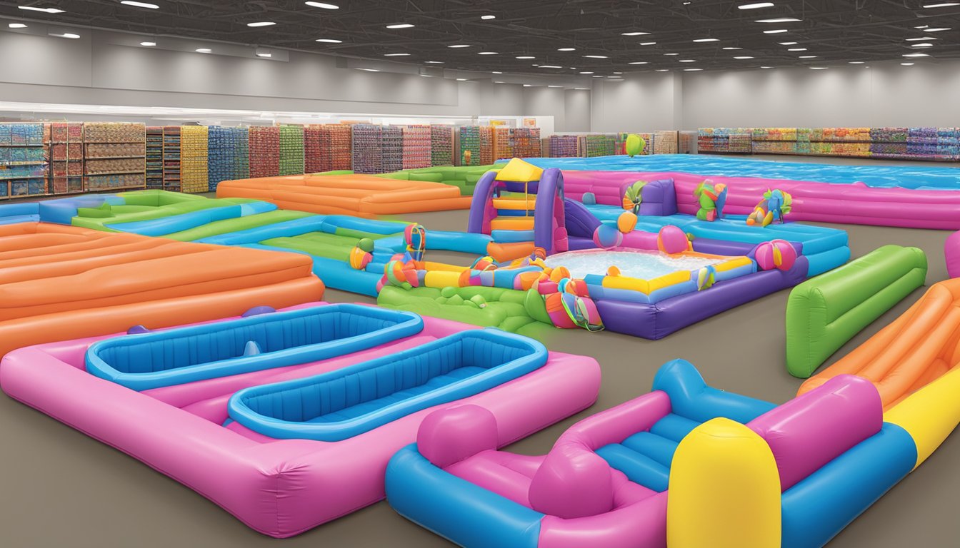 A colorful display of kiddie pools and inflatables fills the aisle at BJs, with various sizes and designs to choose from