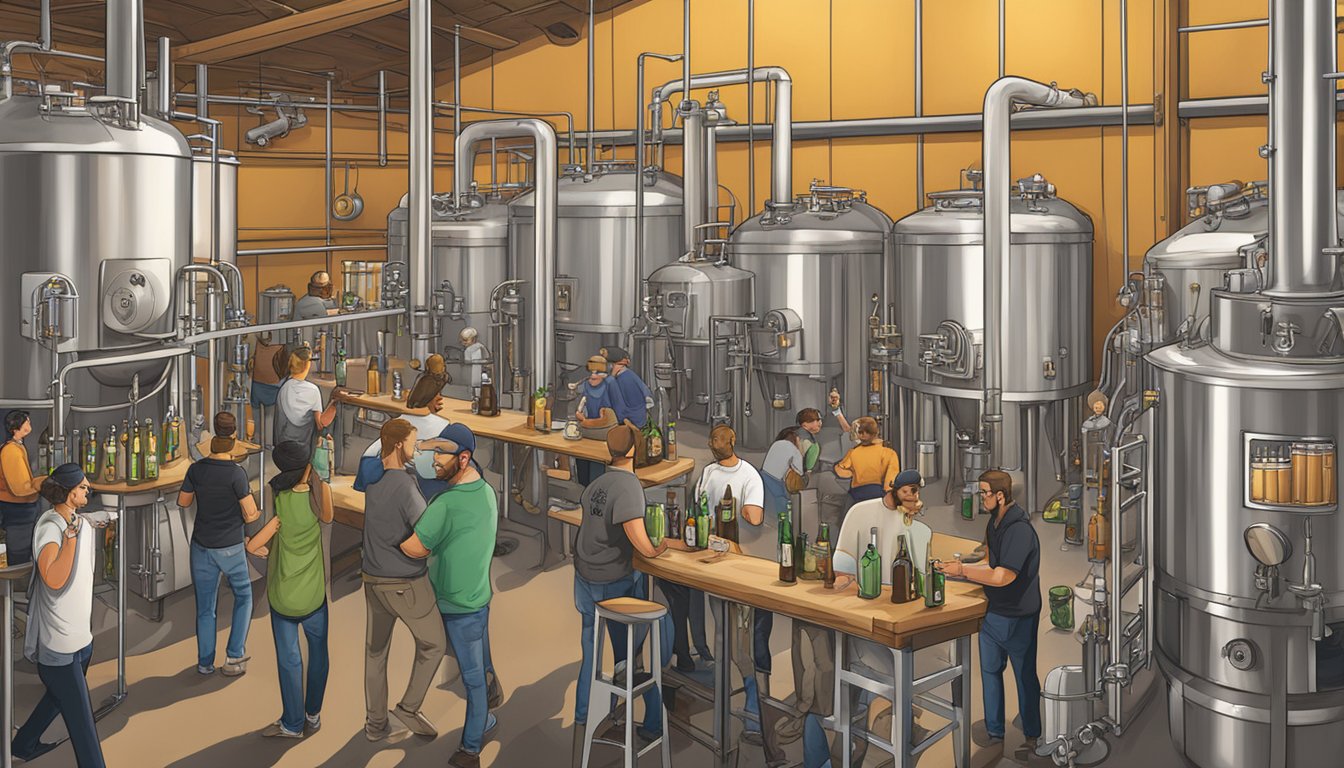 A bustling brewery scene with diverse beer styles, from hoppy IPAs to rich stouts, all brewed with cutting-edge techniques in Sacramento, CA