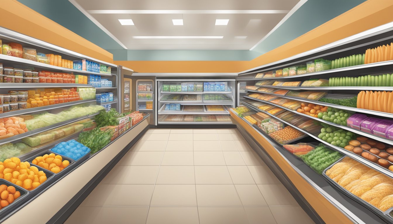 A cozy grocery aisle with Save Mart's frozen food section, filled with colorful packaging and a variety of convenient frozen favorites