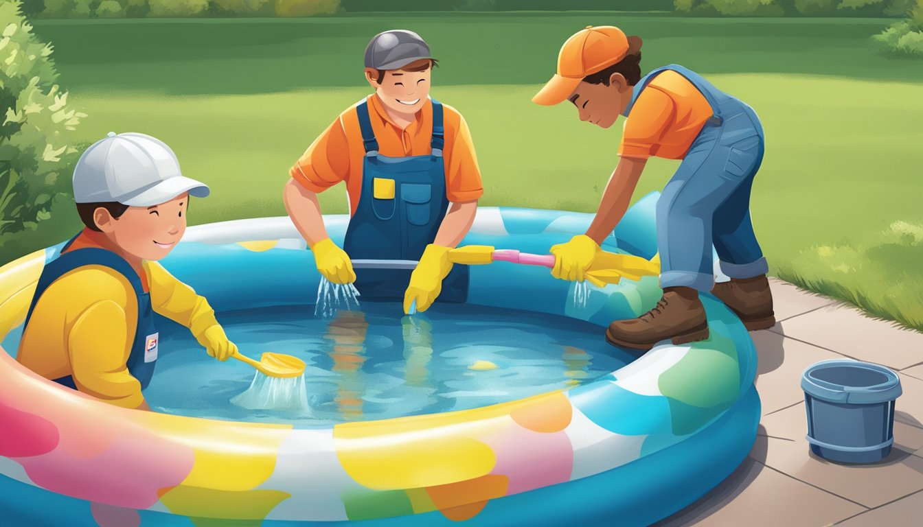 A maintenance worker inspecting and cleaning kiddie pools and inflatables