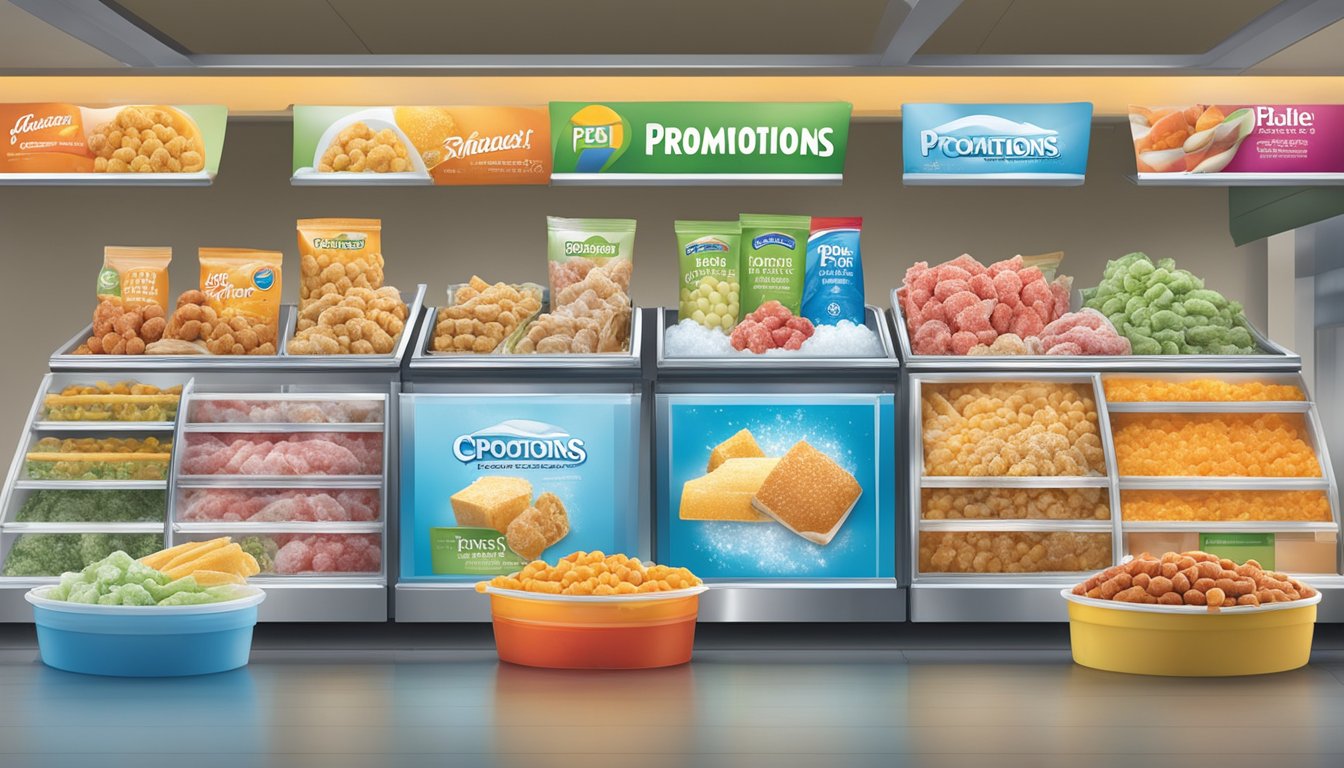 A colorful display of frozen food items, surrounded by ice and frost, with prominent "Promotions and Savings" signage