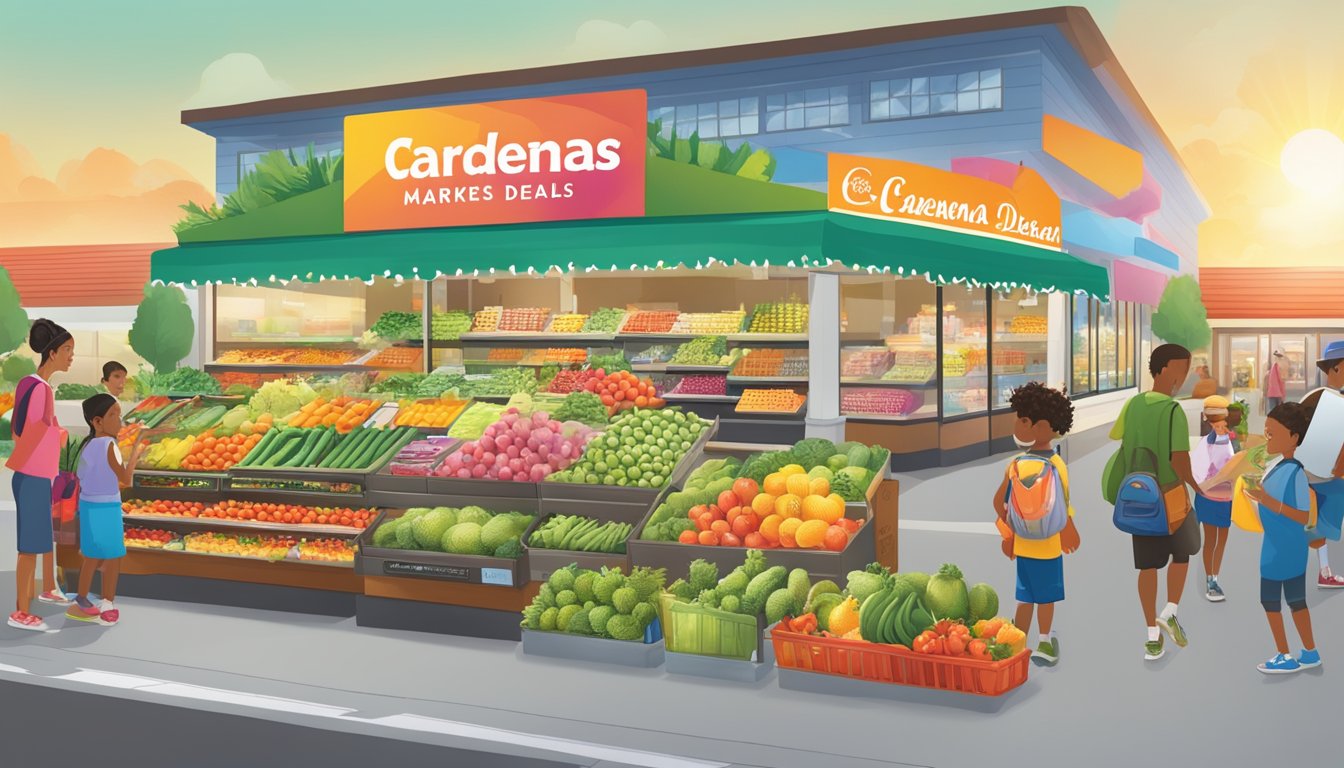 A vibrant display of fresh produce, school supplies, and seasonal items at Cardenas Markets, with colorful signage highlighting summer deals and back-to-school events