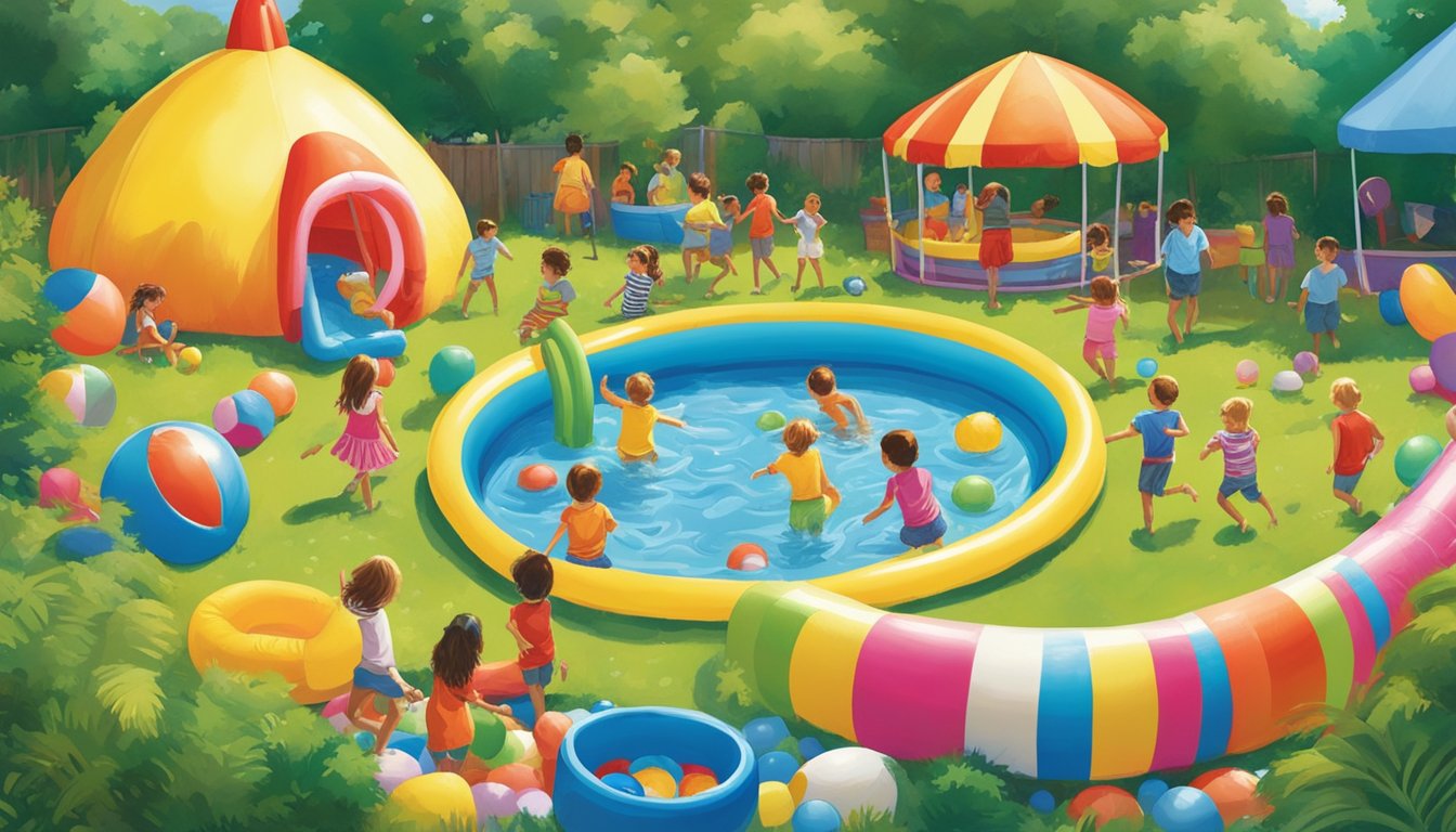 Children playing in a backyard filled with colorful kiddie pools and inflatables, surrounded by lush green trees and a bright blue sky