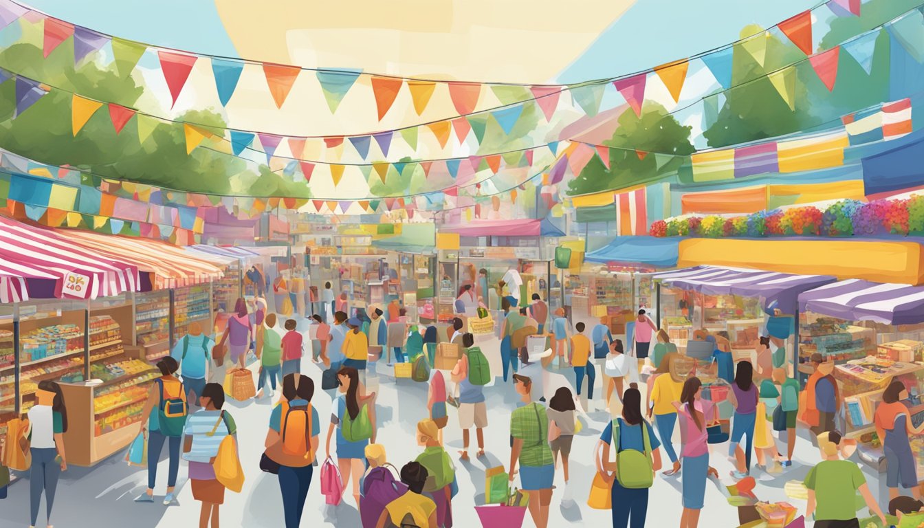 A bustling market with colorful banners advertising summer deals and back-to-school events. Shoppers browse through aisles filled with school supplies and seasonal promotions