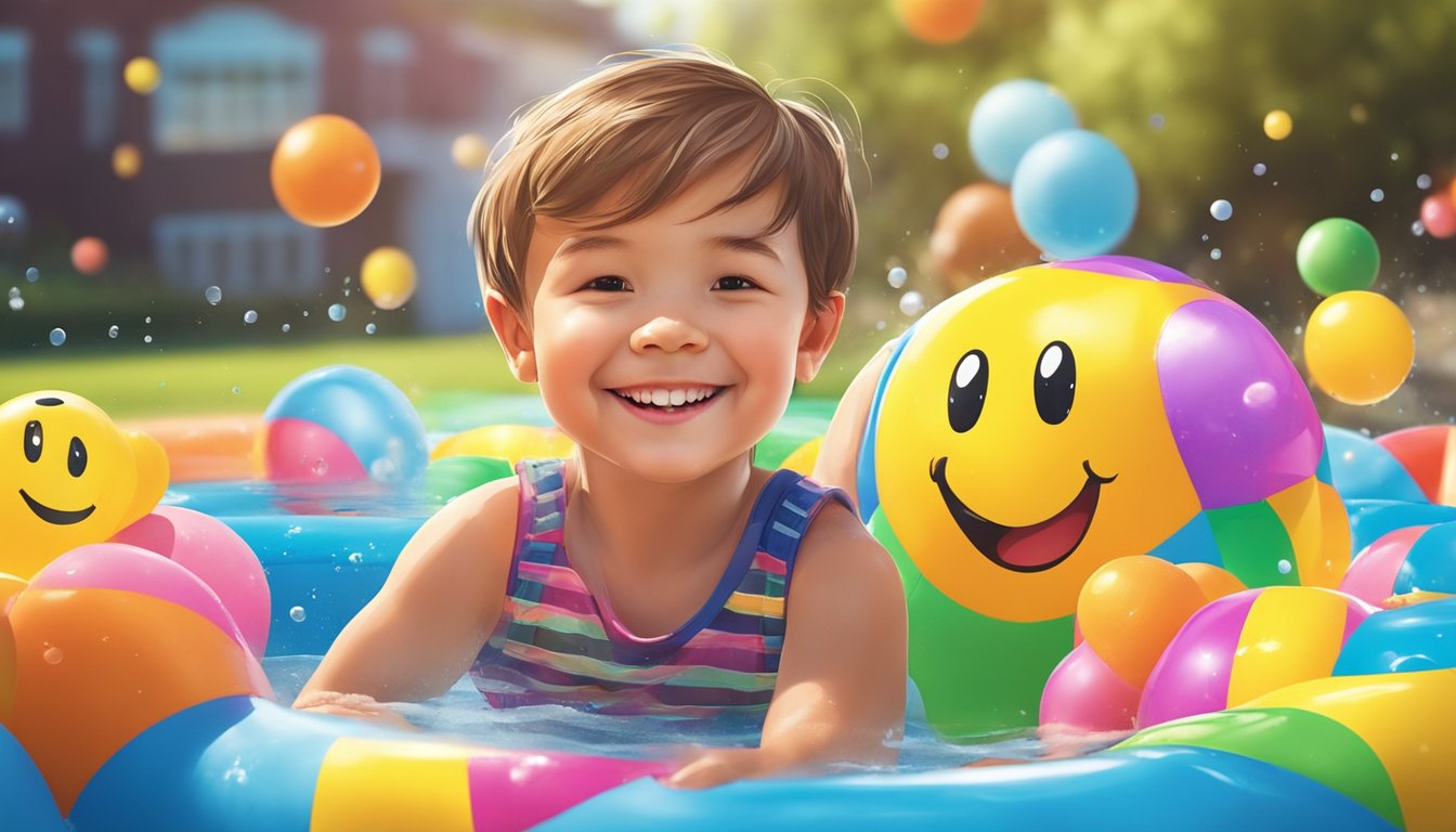 A smiling child splashes in a colorful kiddie pool, surrounded by affordable inflatable toys. Quality construction is evident in the sturdy materials and vibrant designs