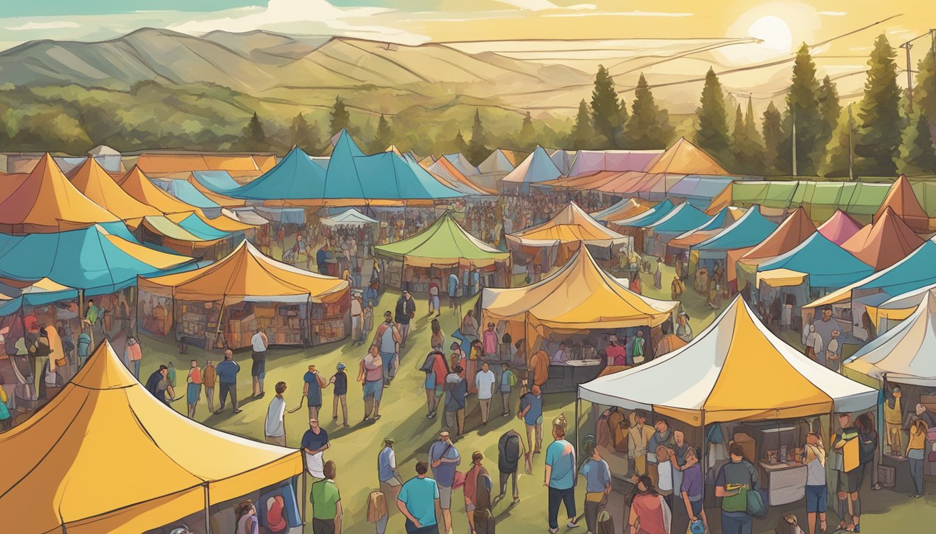 A bustling craft beer festival in Salinas, with rows of colorful tents, people sampling beer, and live music filling the air