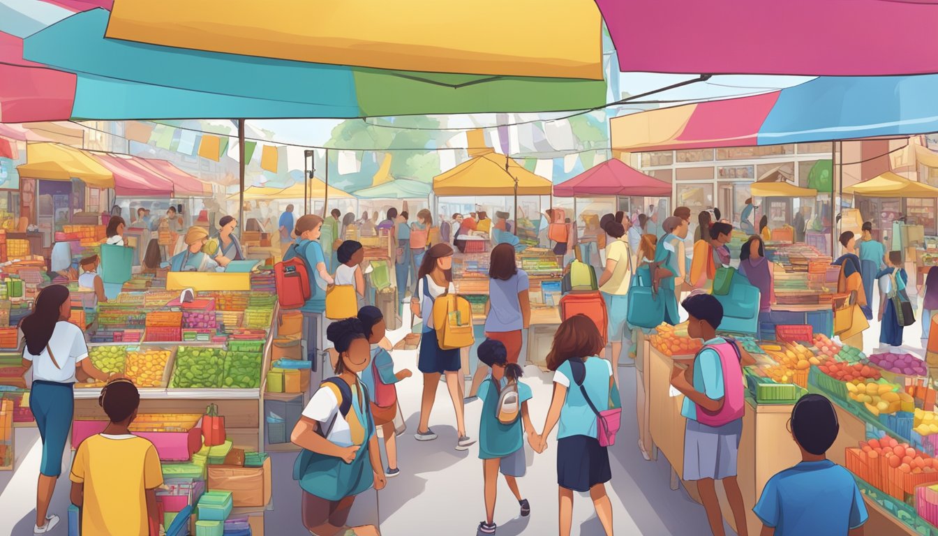 A bustling market with colorful displays of school supplies, shoppers taking advantage of summer deals, and banners promoting back-to-school events