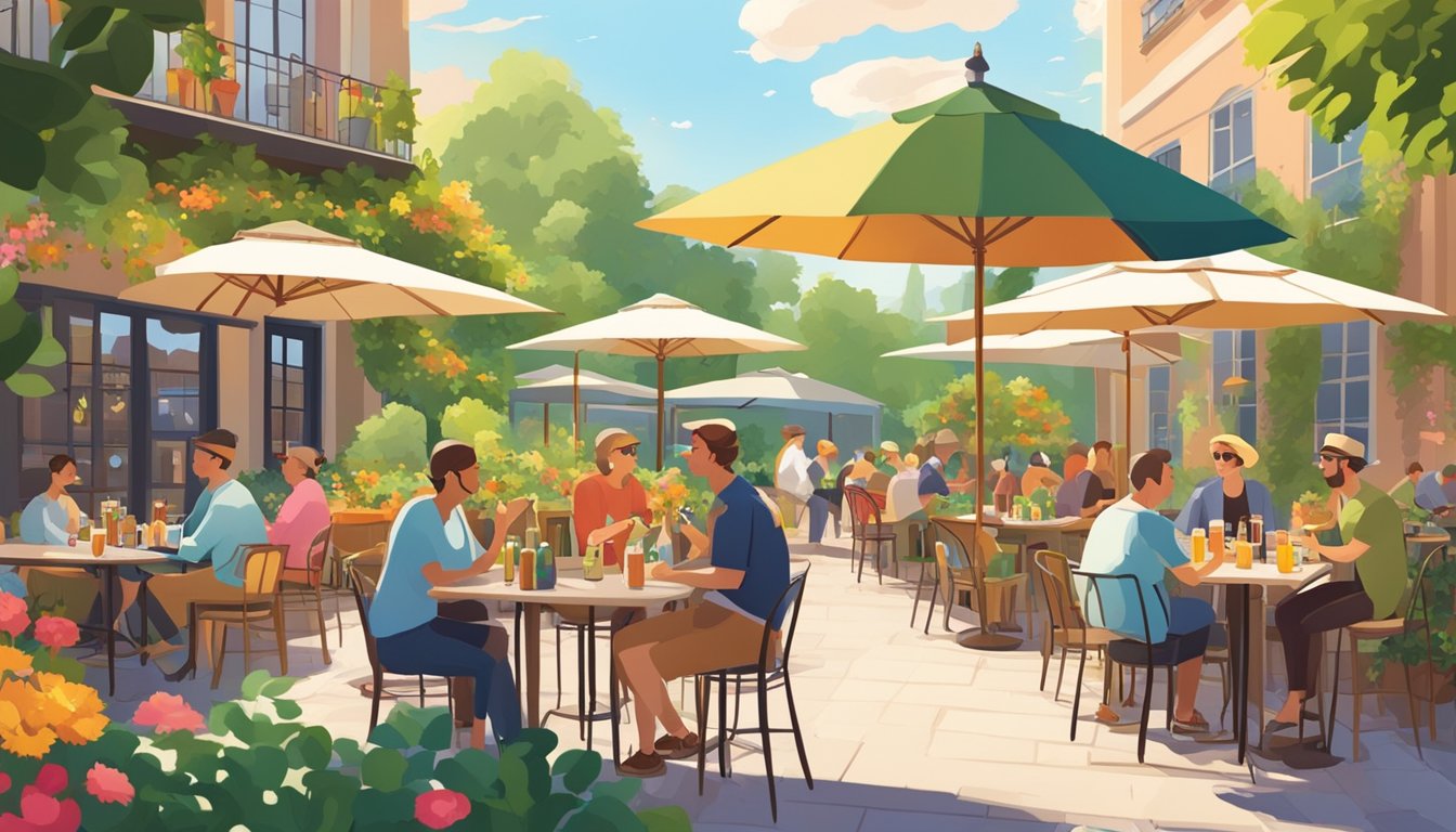 A sunny outdoor patio with tables and umbrellas, surrounded by lush greenery and colorful flowers, where people are enjoying a variety of craft beers