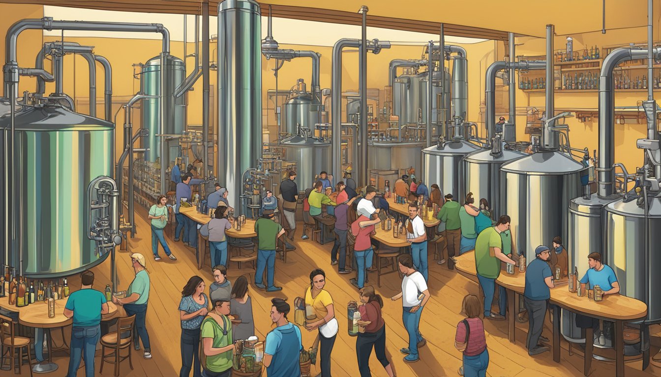 A bustling brewery scene with patrons sampling craft beers at Salinas, CA. Brewery logos and beer taps line the walls, creating a vibrant atmosphere