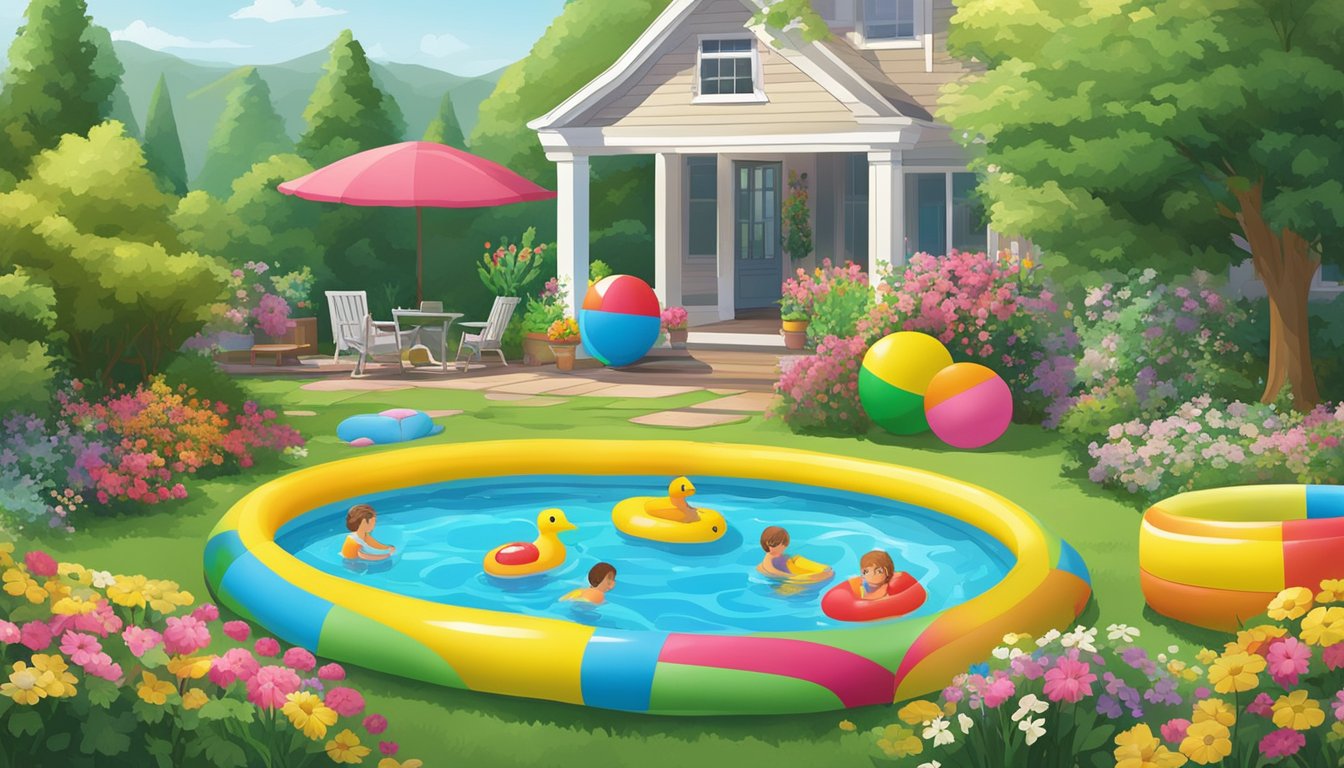 A backyard filled with colorful inflatable kiddie pools and water toys, surrounded by lush greenery and blooming flowers