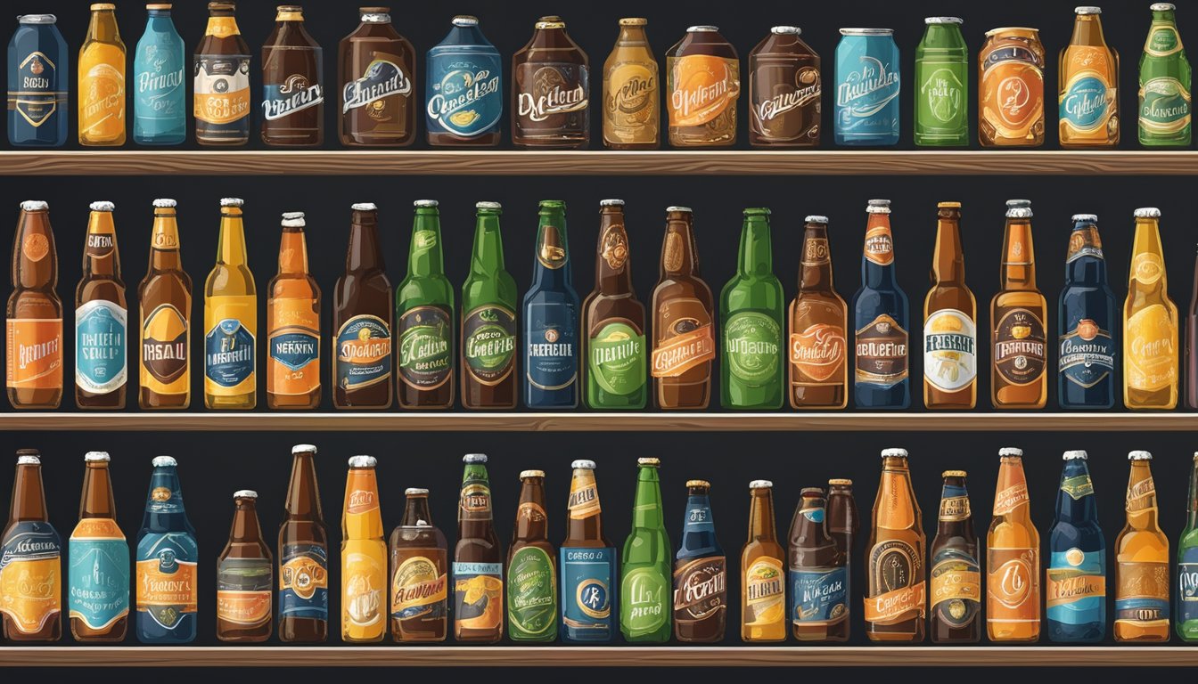 A variety of craft beer bottles and cans displayed on shelves with colorful labels and logos. A chalkboard sign lists the different types available