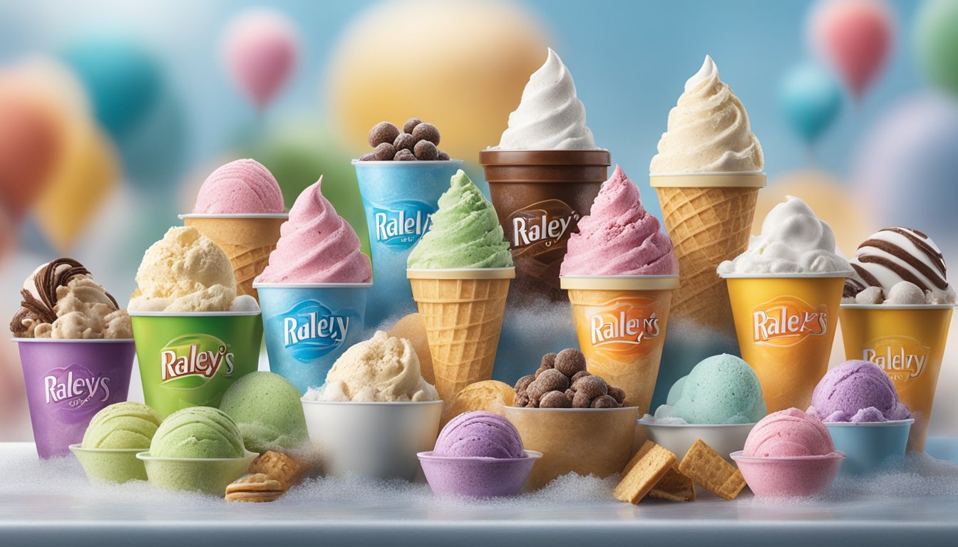 A colorful display of Raley's tempting ice cream assortment, surrounded by a frosty mist as it cools down