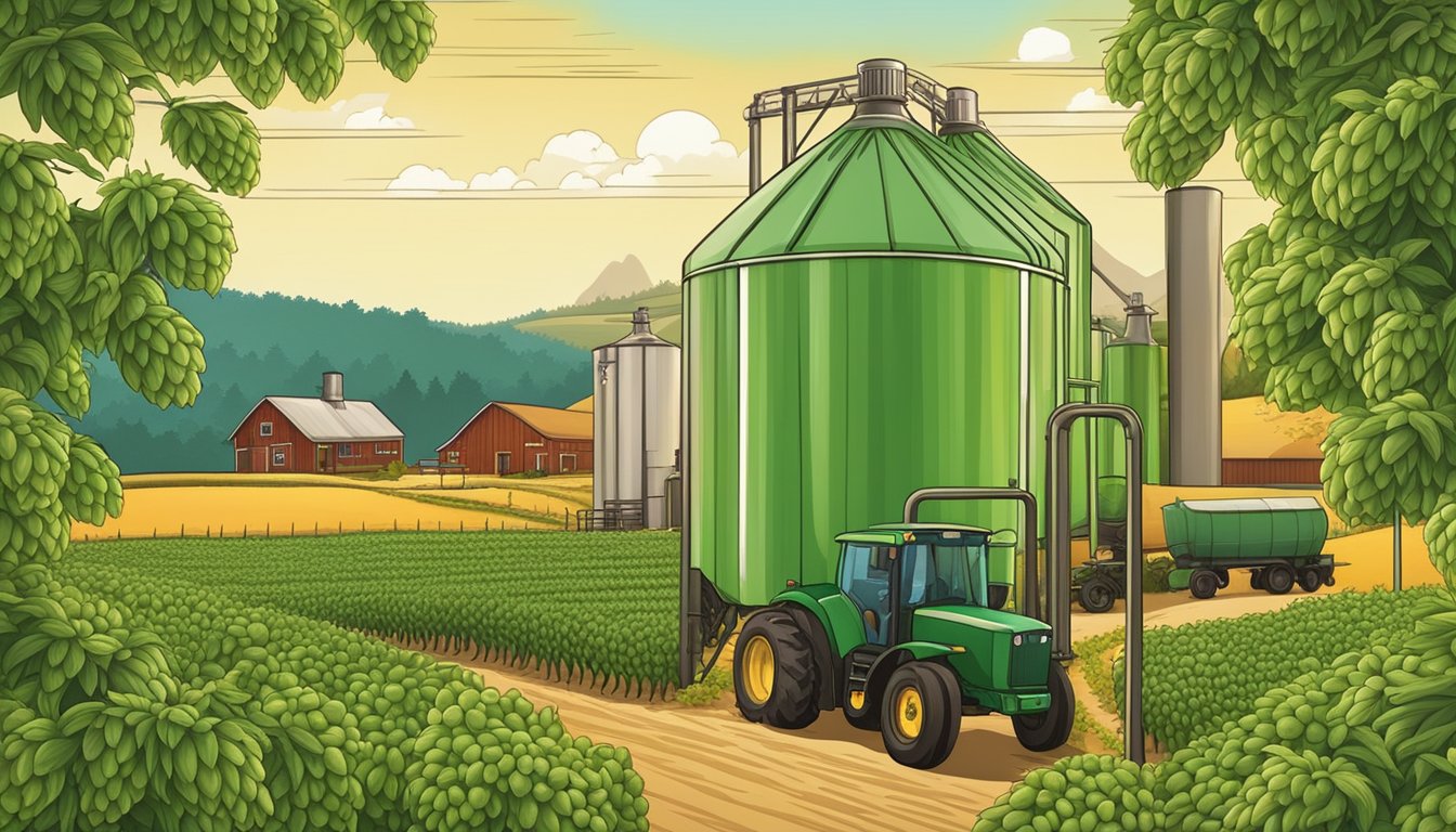 A brewery surrounded by fields of locally sourced hops and barley, with a farmer delivering fresh ingredients to the door