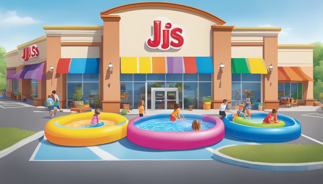 A sunny outdoor setting with colorful kiddie pools and inflatables displayed in front of a Member Services bjs store