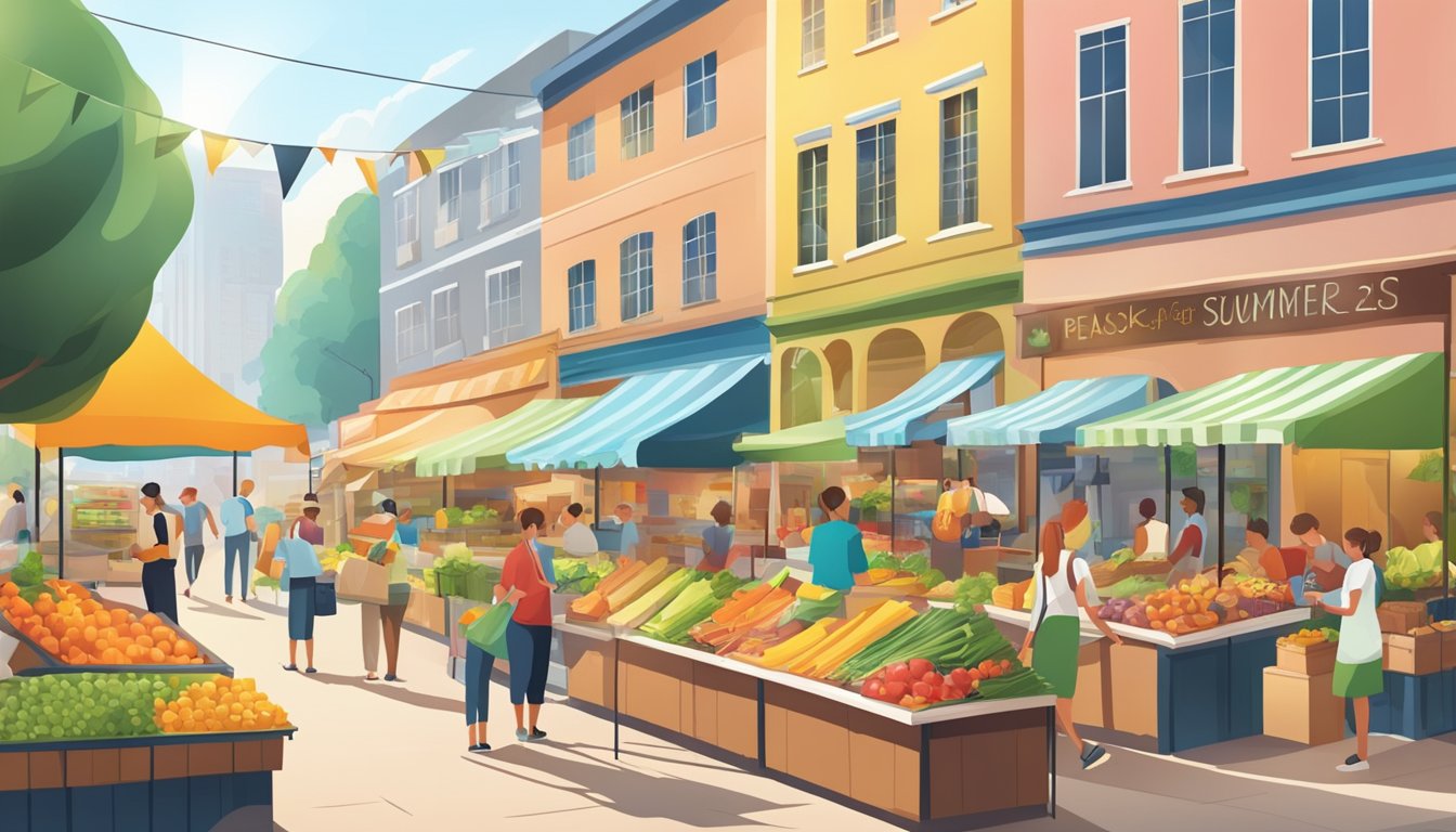 A bustling market with colorful banners advertising summer deals and back-to-school events. Customers browsing produce and chatting with staff