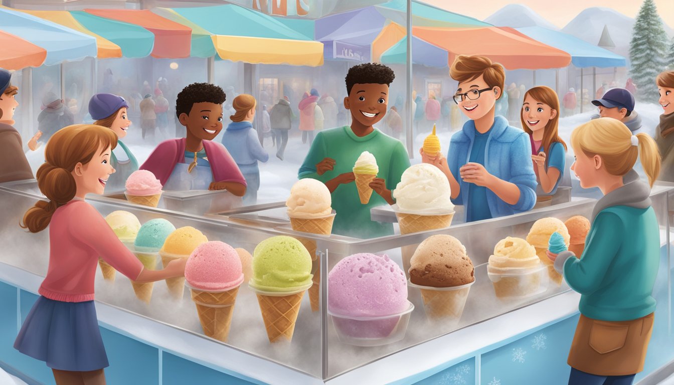 A colorful display of Raley's ice cream assortment, surrounded by frosty mist and happy customers enjoying frozen treats