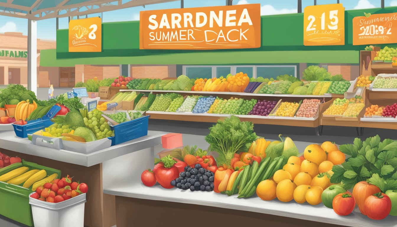 Cardenas Markets summer deals and back to school events: colorful display of fresh produce, school supplies, and promotional signage