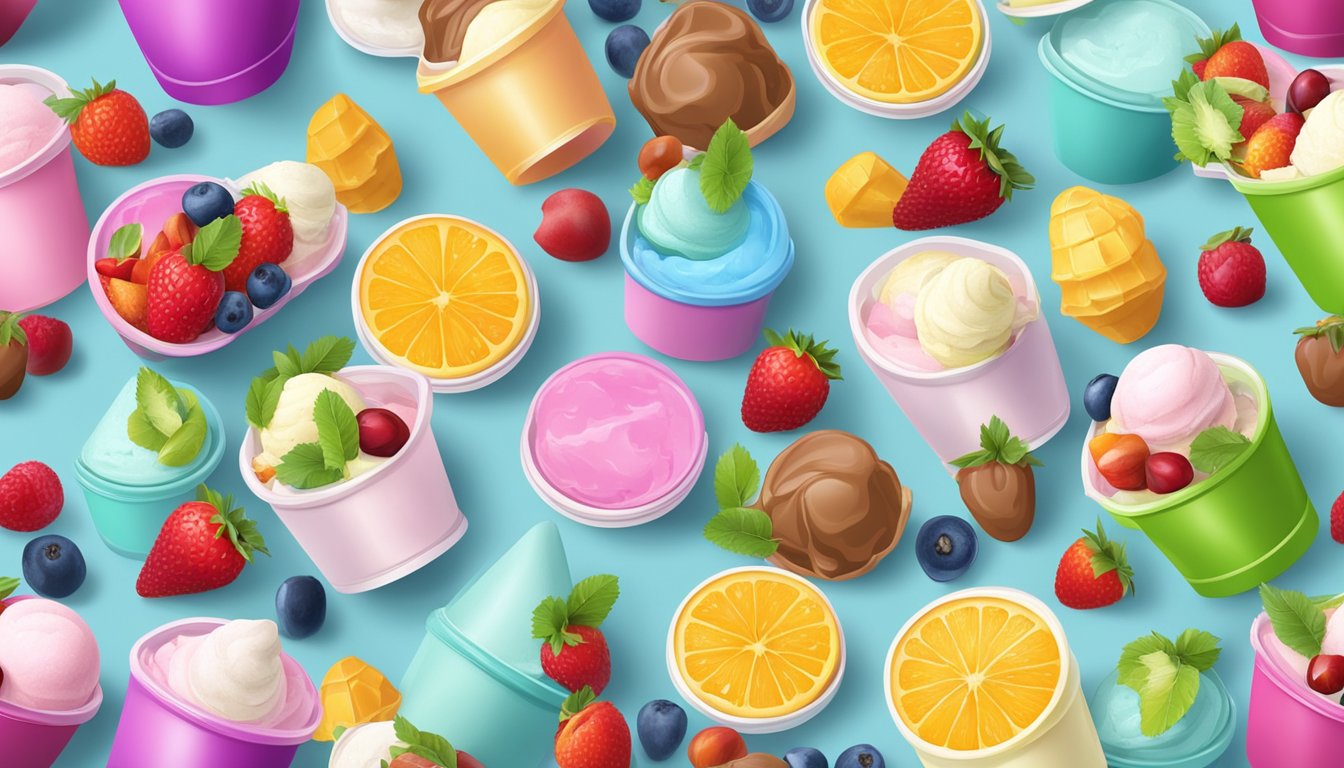 A variety of colorful ice cream containers arranged on a bed of ice, surrounded by fresh fruit and nuts