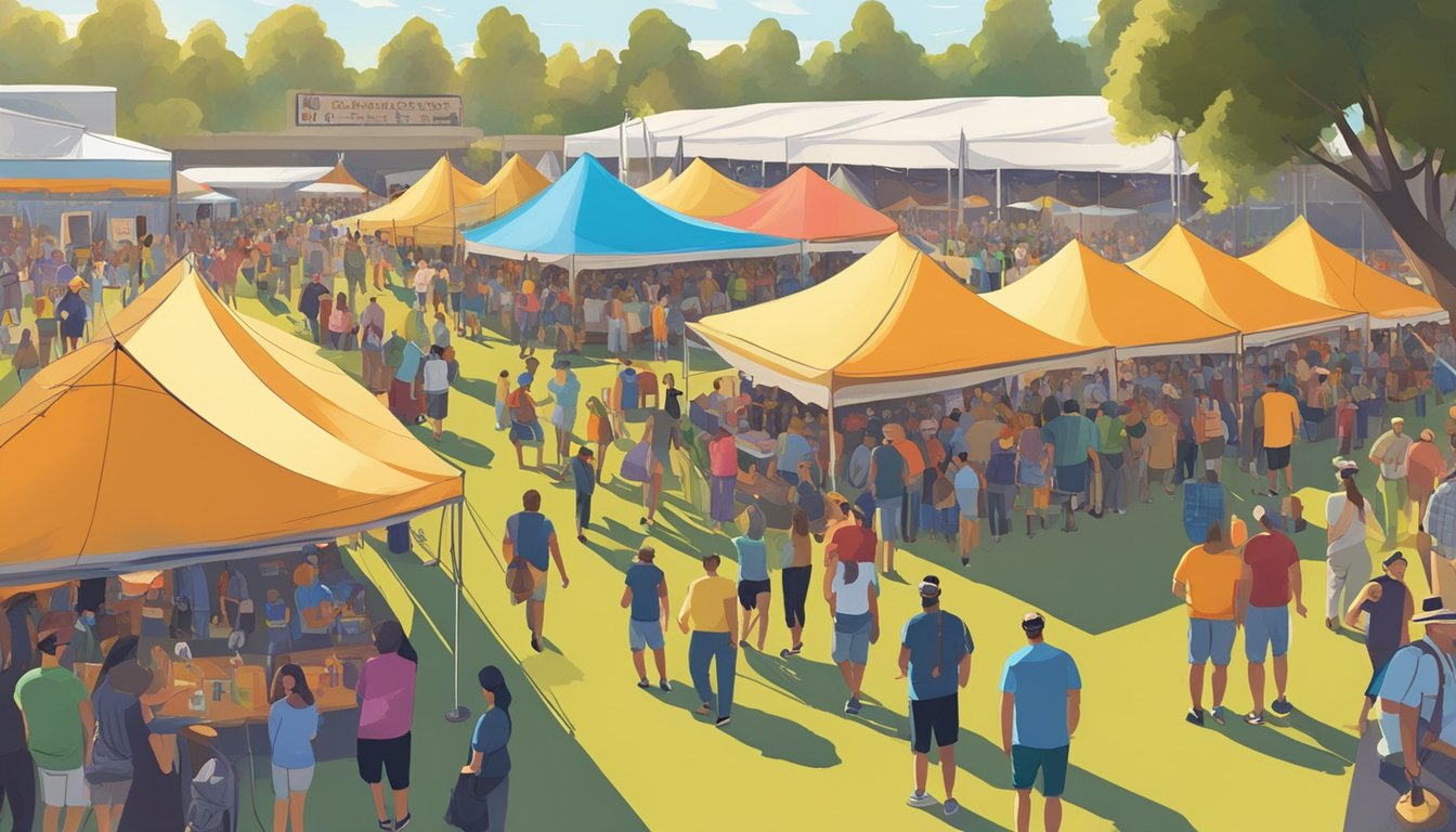 A bustling craft beer festival in Sunnyvale, with rows of colorful tents and people sampling various brews under the bright California sun