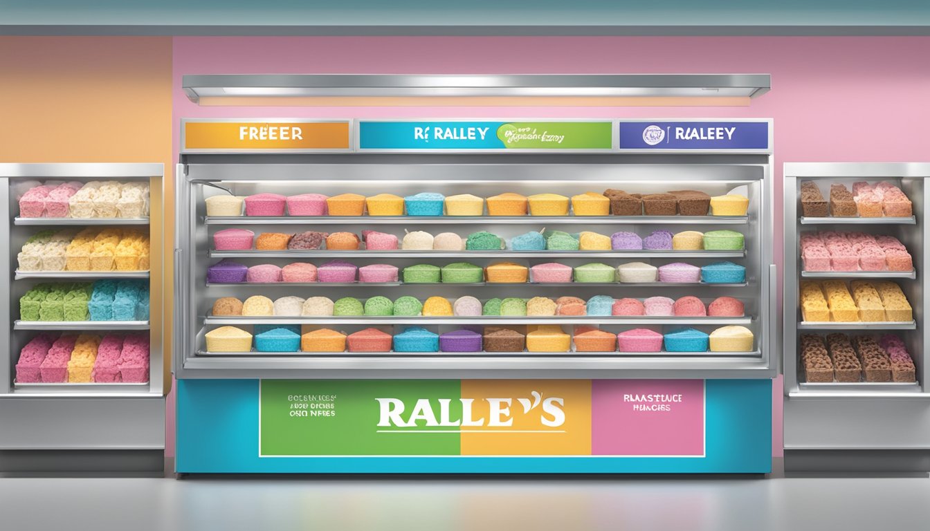 A colorful display of Raley's ice cream flavors arranged in a freezer, with a bright, inviting sign above