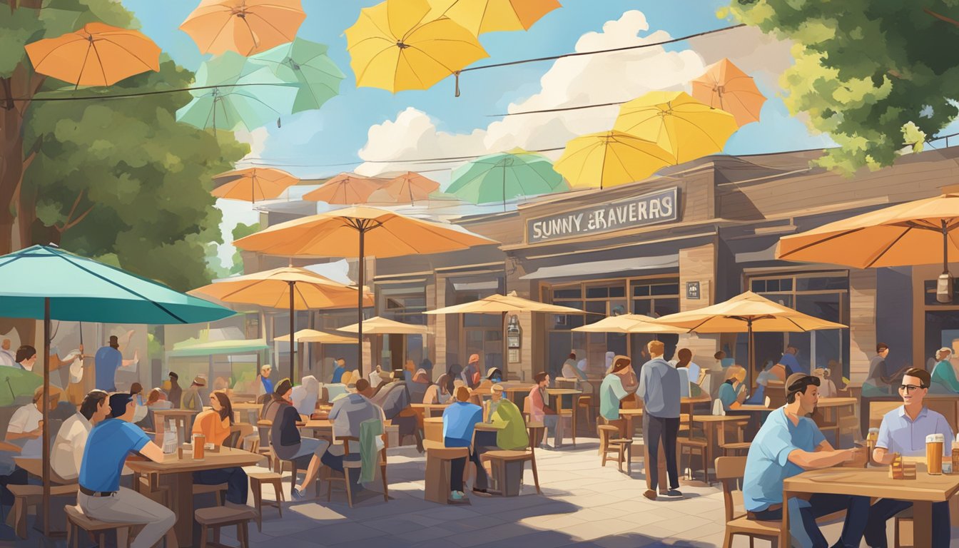 A bustling brewery scene with outdoor seating, colorful umbrellas, and people enjoying craft beer in the sunny atmosphere of Sunnyvale, CA