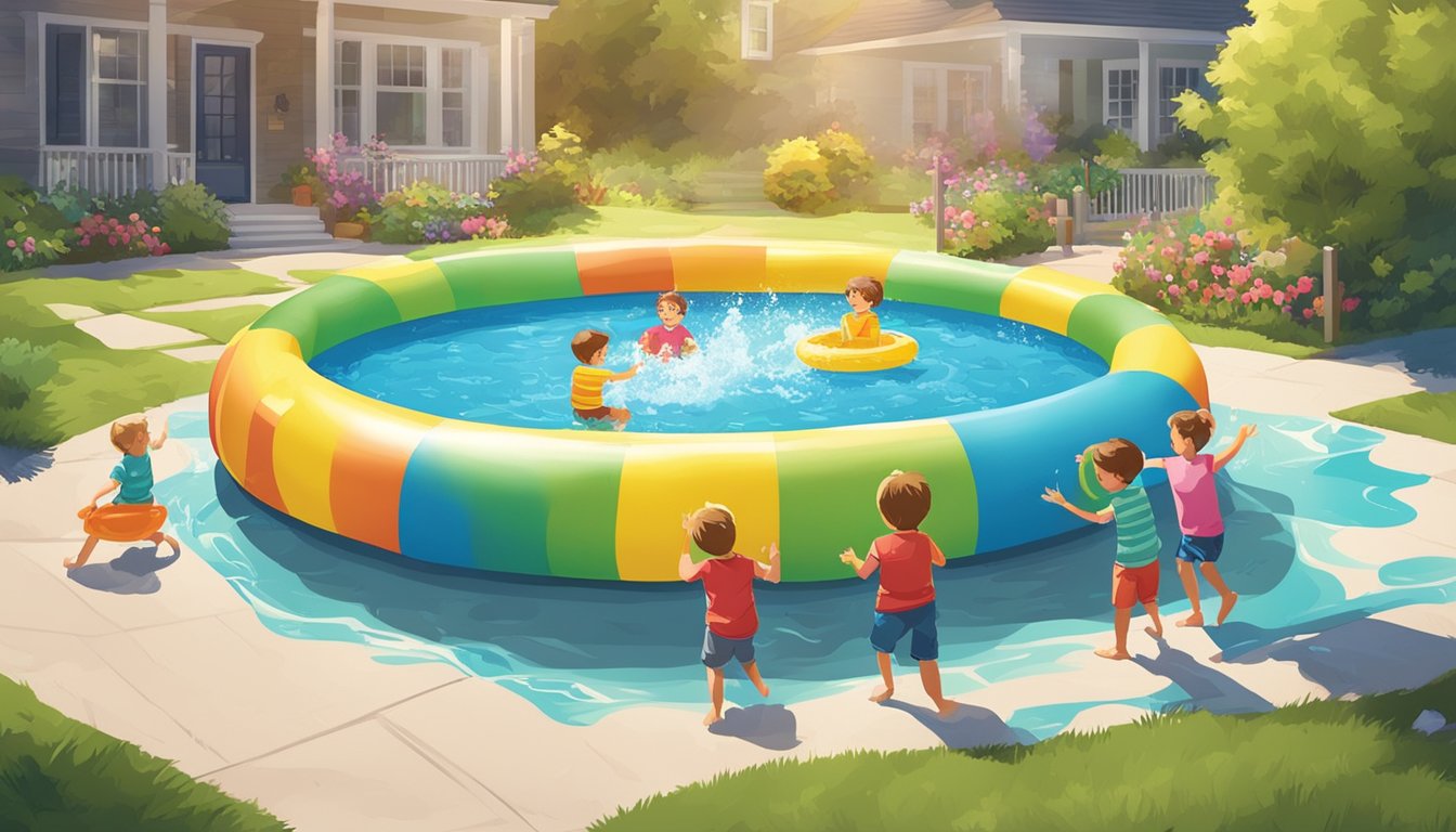 A sunny backyard with a colorful inflatable kiddie pool surrounded by happy children playing and splashing in the water