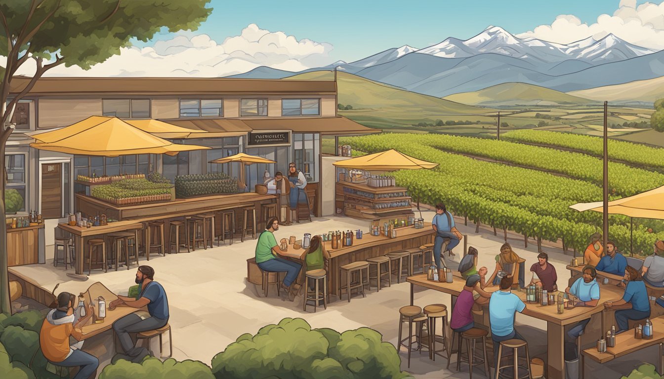 A bustling craft brewery scene in Salinas, with colorful taprooms and outdoor seating, surrounded by fields and mountains