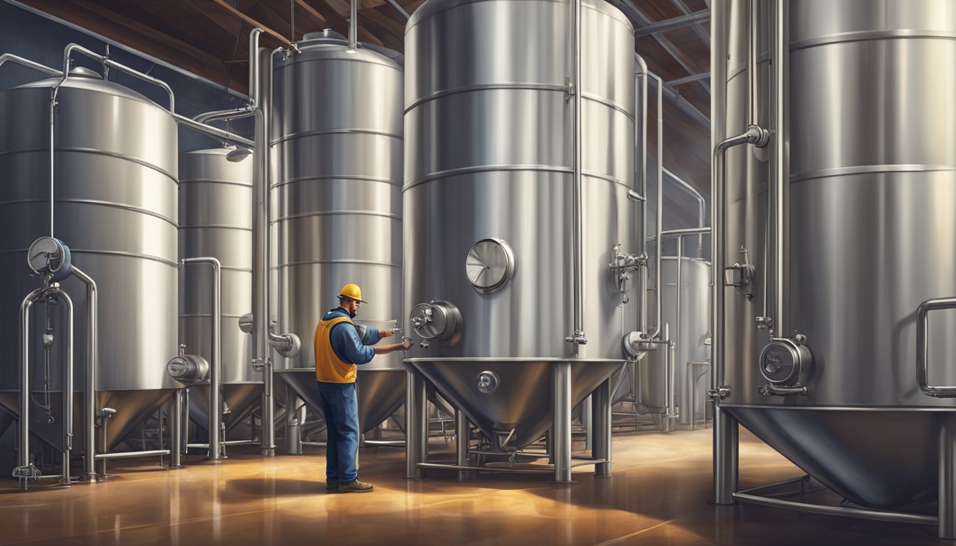 A brewery worker pours hops into a large metal kettle as steam rises from the boiling liquid. Nearby, rows of stainless steel fermentation tanks line the walls, each bubbling with the promise of a delicious craft beer