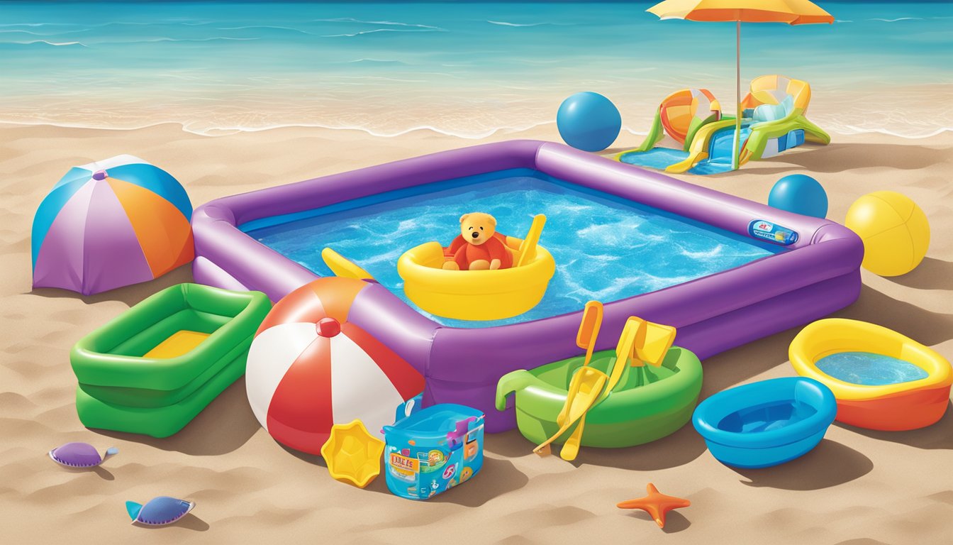 Various colorful kiddie pools of different shapes and sizes displayed at Aldi, surrounded by inflatable toys and beach accessories