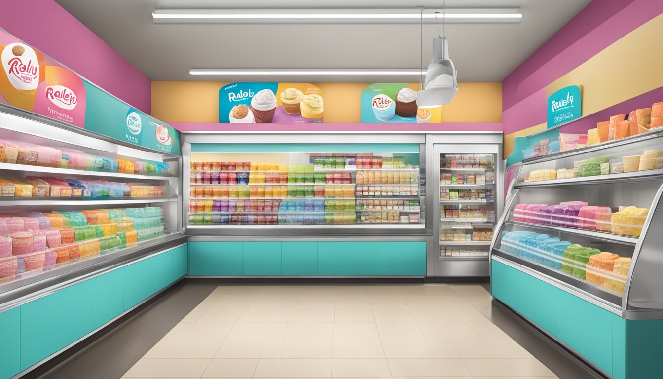 A colorful display of Raley's ice cream varieties in a modern, digital-themed convenience store