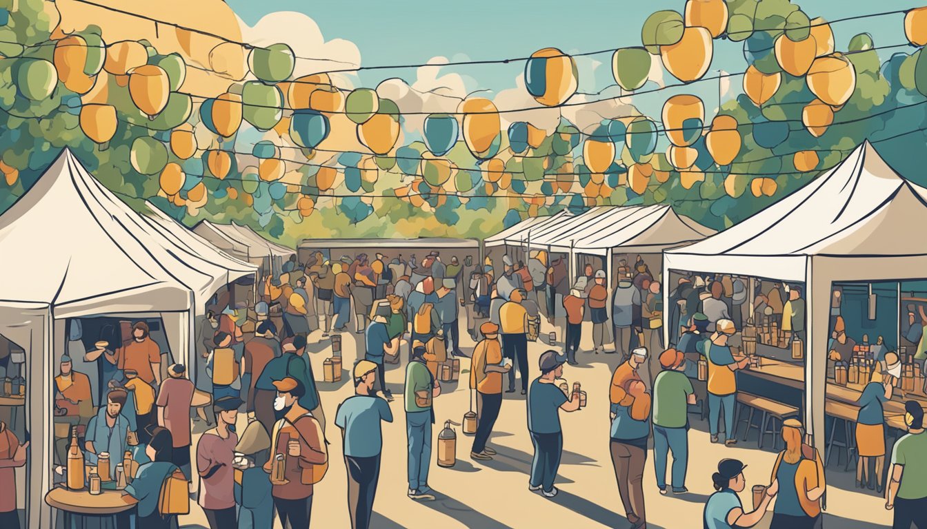 A bustling craft beer festival with various styles of beer being poured and sampled by enthusiastic attendees