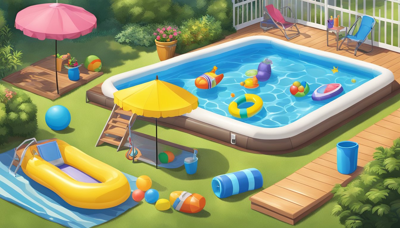 A sunny backyard with a colorful kiddie pool being inflated and maintained, surrounded by a variety of pool toys and accessories