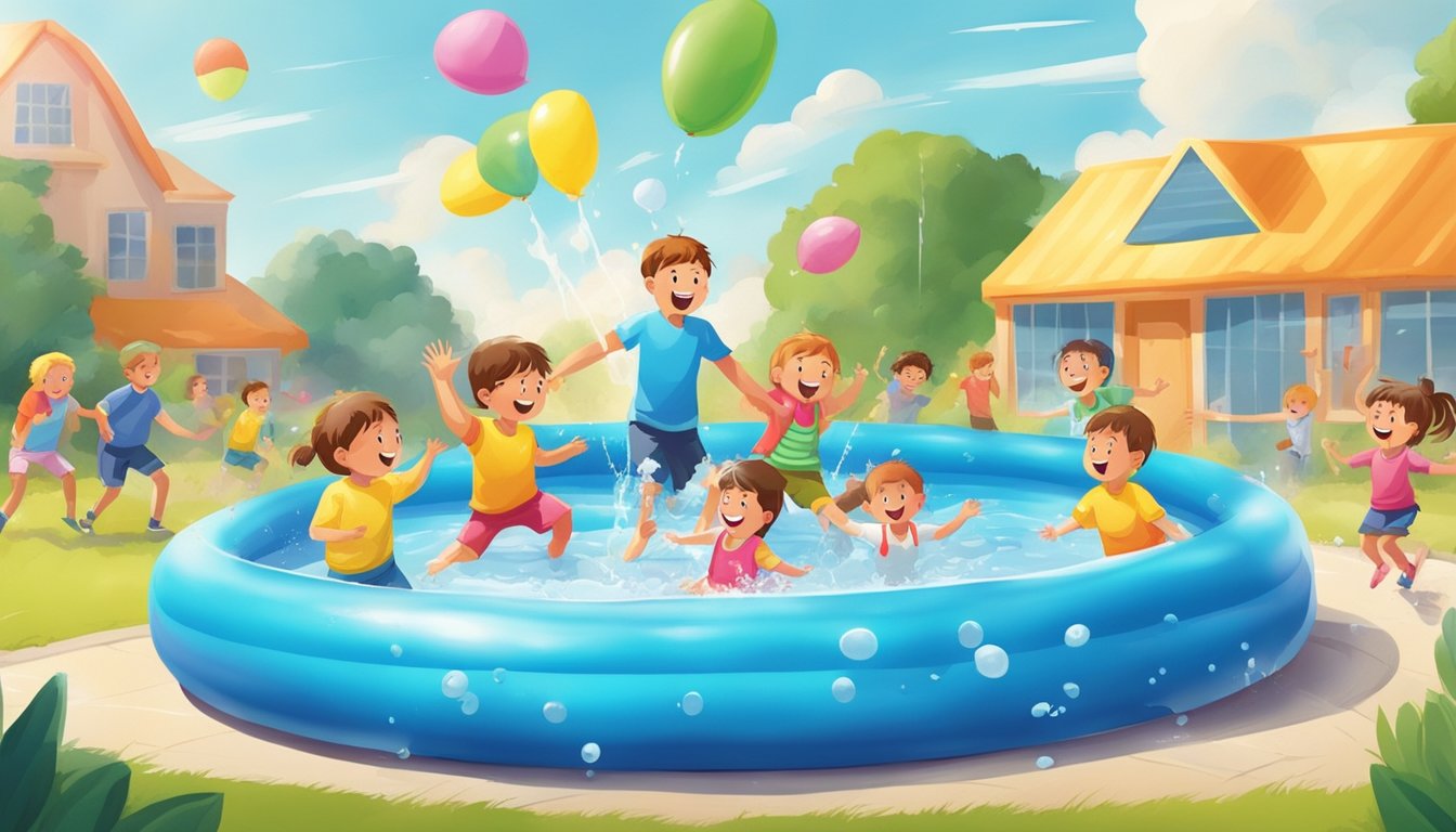 A colorful inflatable kiddie pool surrounded by happy children playing and splashing in the water on a sunny day