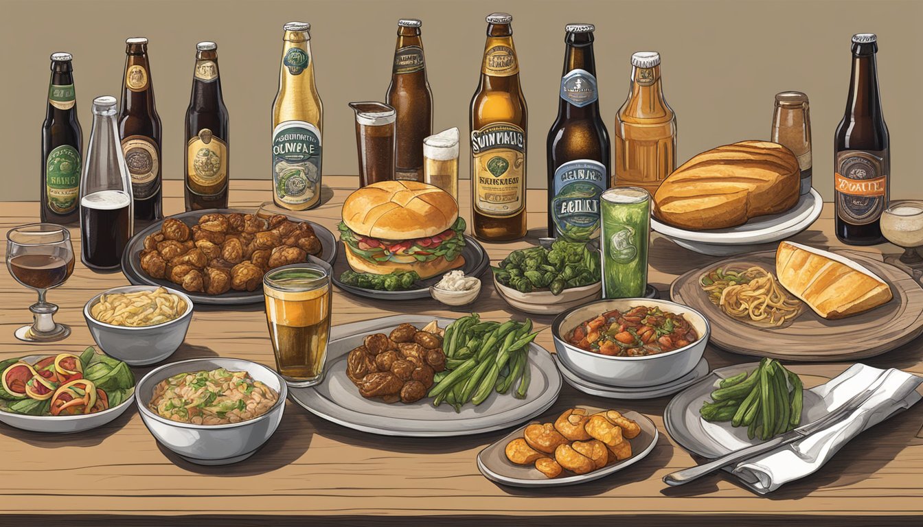 A table set with an array of gourmet dishes and various craft beer bottles from Sunnyvale, CA