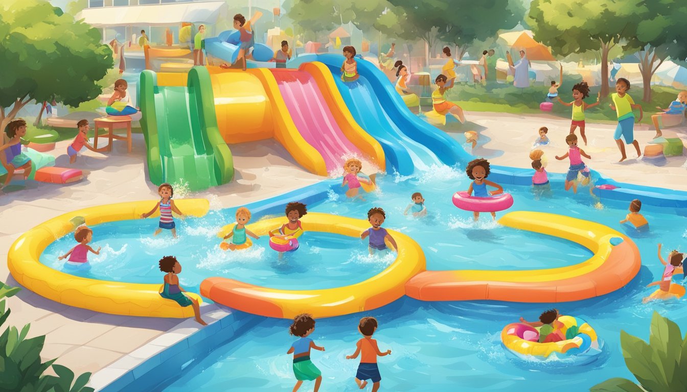 A vibrant kiddie pool with water slides, splash pads, and colorful floaties surrounded by happy children playing and laughing