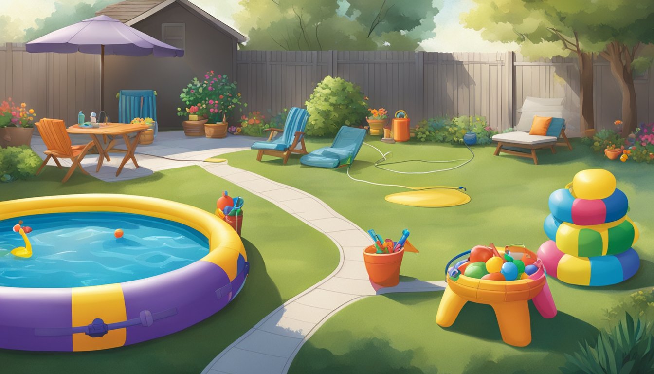 A backyard with a small inflatable pool being set up, surrounded by colorful toys and a hose filling it with water