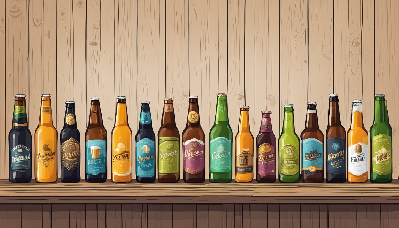 A row of colorful craft beer bottles on a rustic wooden table, with various types of beer glasses and tasting notes scattered around