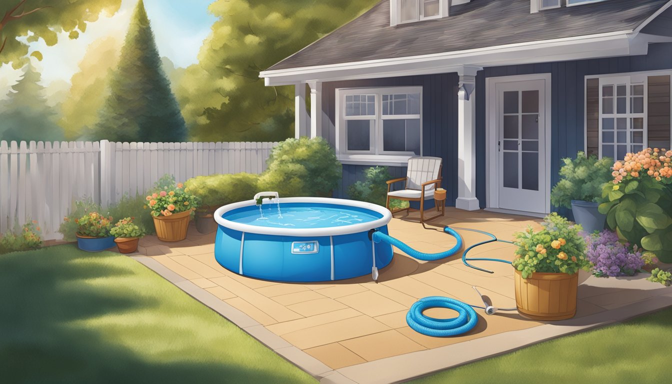 A sunny backyard with a level surface, surrounded by a fence, and a hose nearby for filling the kiddie pool from Aldi