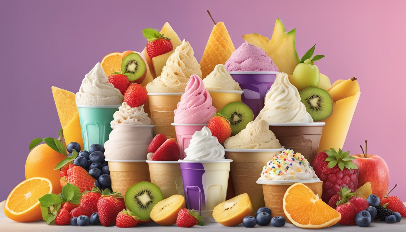 A colorful display of fresh fruits, creamy dairy, and indulgent toppings arranged around a towering selection of Ingles Markets' premium ice cream flavors