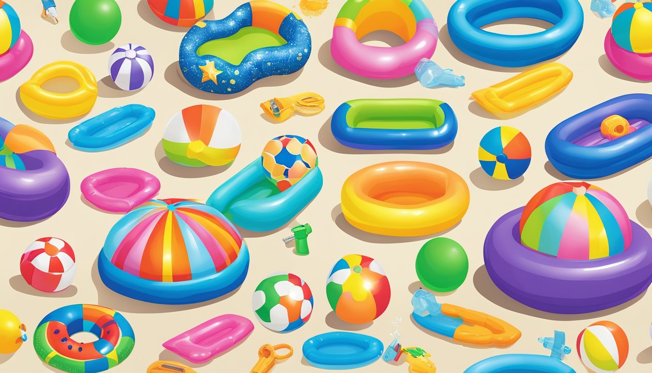 A colorful inflatable kiddie pool surrounded by various affordable pool accessories, such as floaties, water guns, and beach balls, all available at Five Below