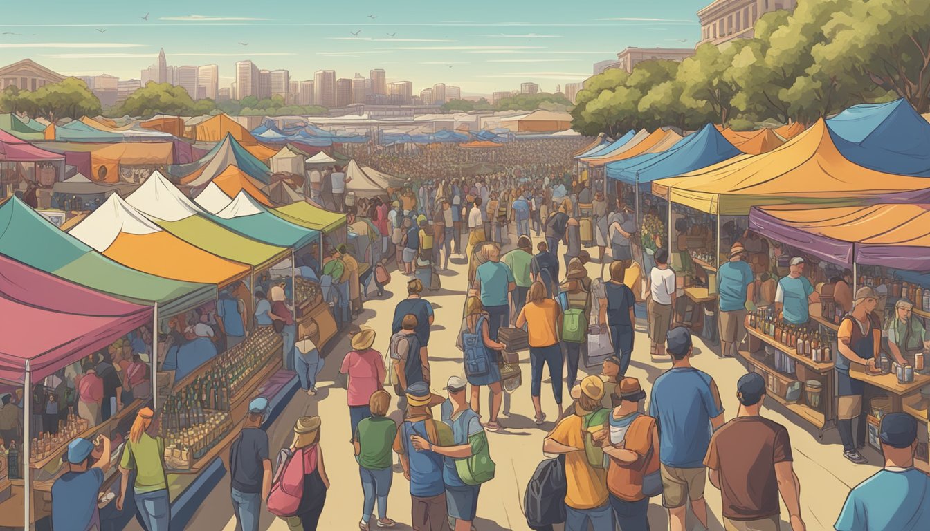 A bustling craft beer festival in San Diego, with rows of colorful vendor booths and lively crowds sampling local brews