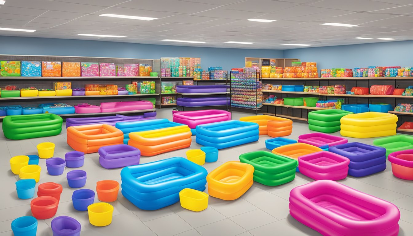 A colorful display of affordable inflatable kiddie pools at Five Below, with various shapes and sizes lined up neatly on shelves