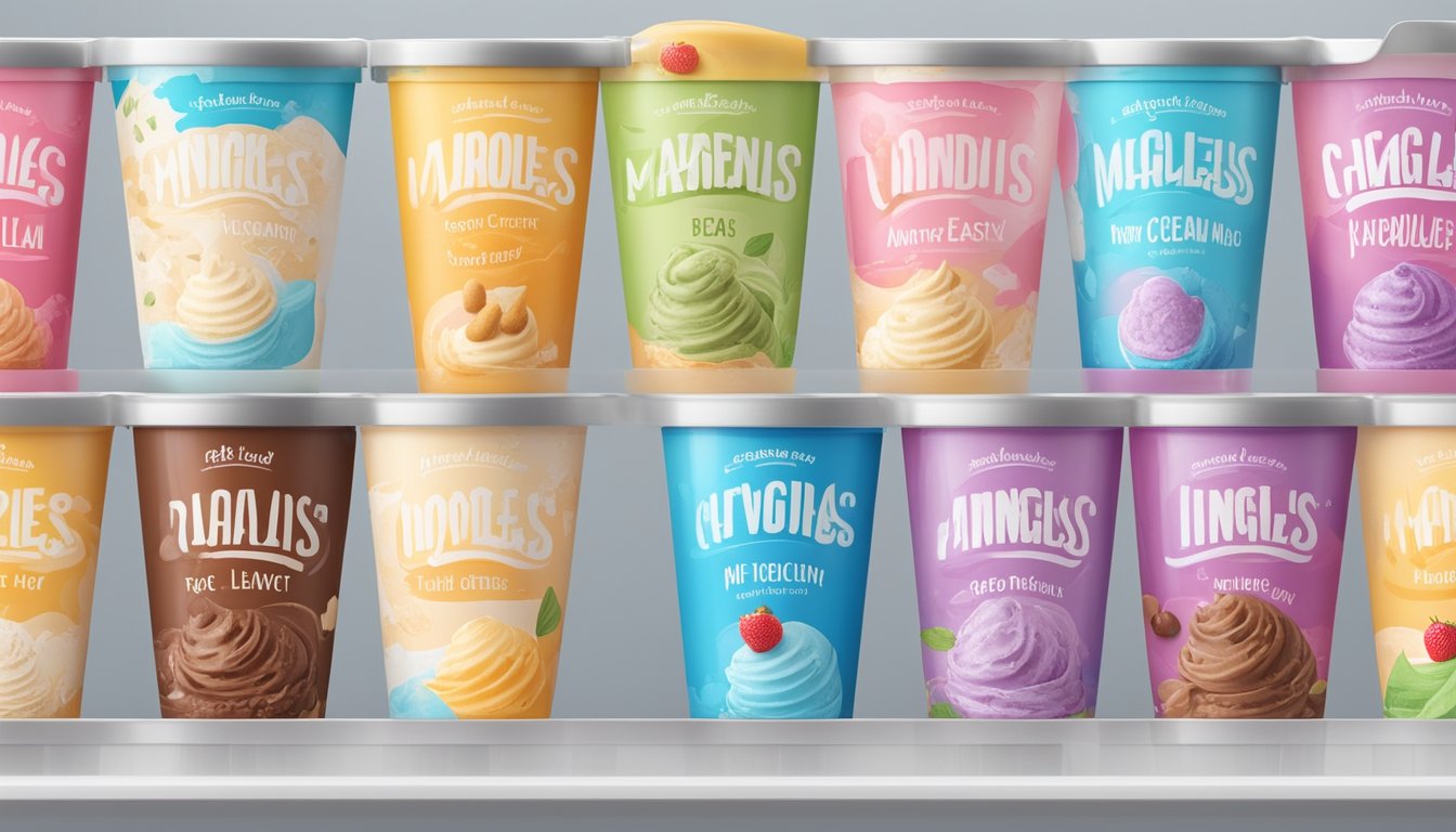 A colorful display of various Ingles Markets ice cream flavors arranged in a freezer, with a variety of dietary options labeled for easy selection