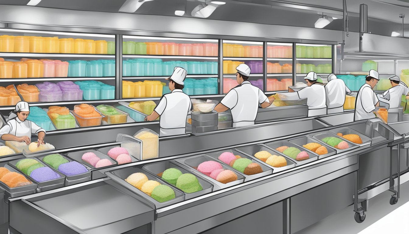 A bustling ice cream production line at Ingles Markets, with workers packaging and labeling various flavors