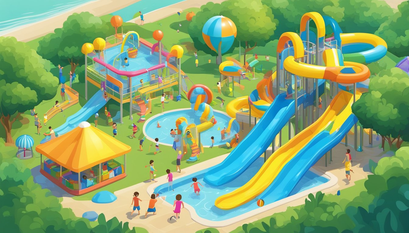 Children playing in a water park with colorful slides, fountains, and inflatable toys, surrounded by lush green trees and a bright blue sky