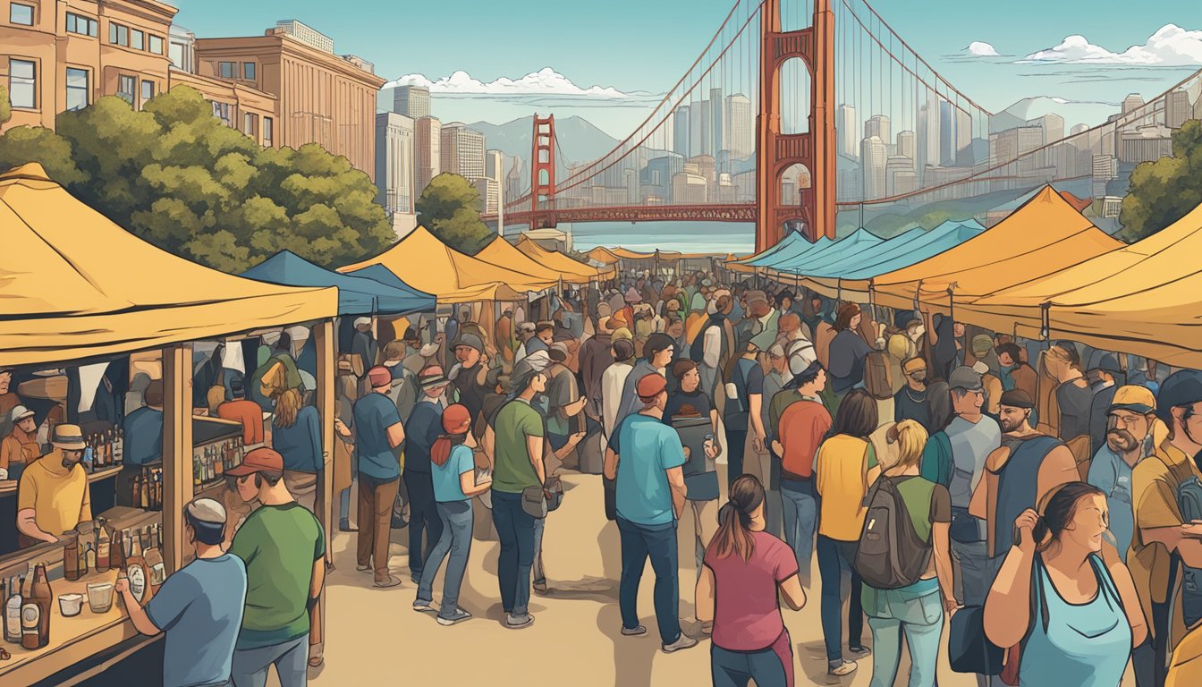 A bustling craft beer festival in San Francisco, with a variety of specialty beers and seasonal offerings on display. Beer enthusiasts gather to sample and celebrate local brews