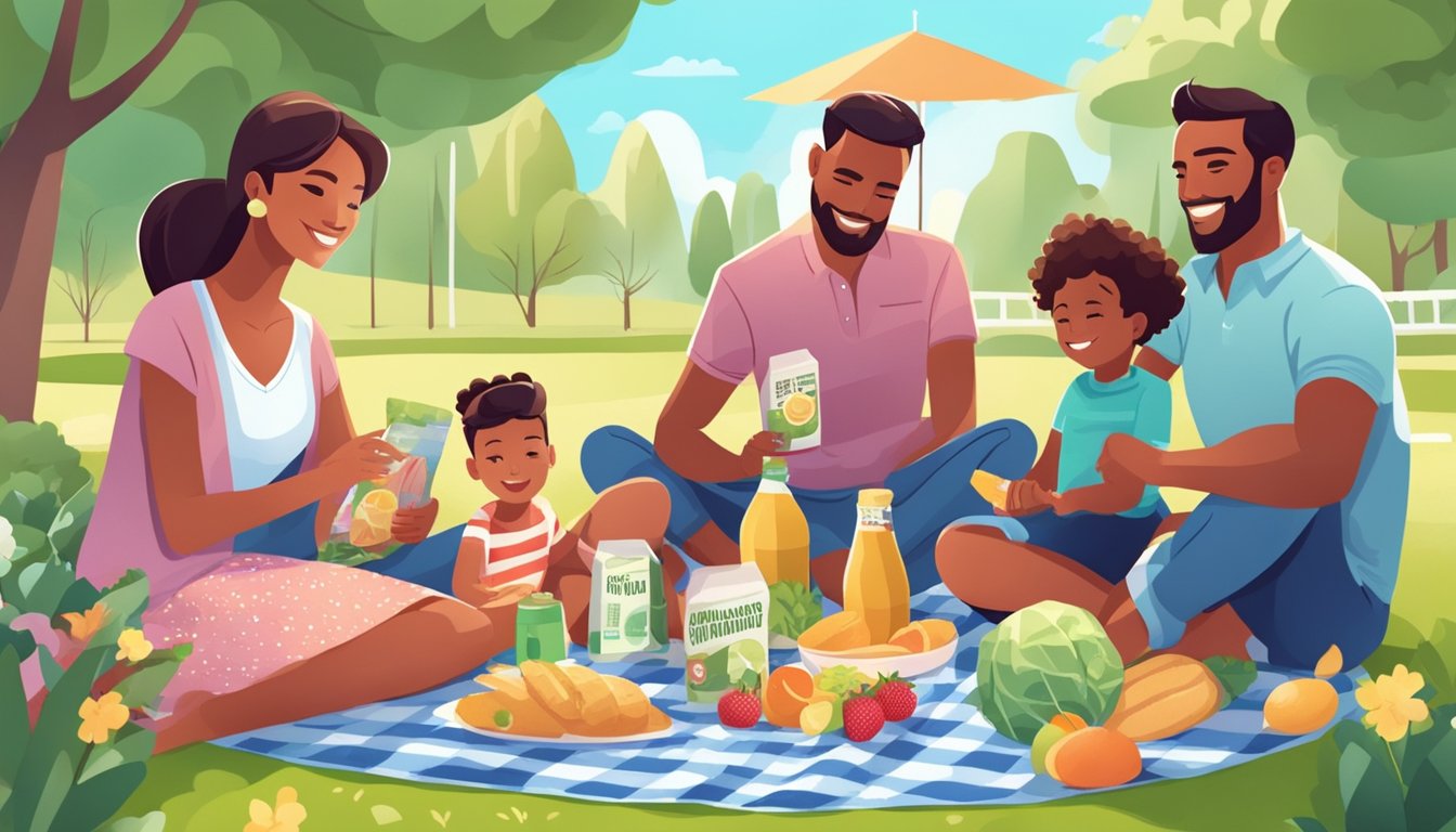 A family at a picnic in a park, surrounded by groceries and digital coupons, enjoying the summer sun