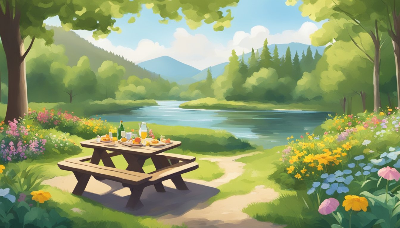 A sunny picnic by a babbling brook, surrounded by lush greenery and colorful wildflowers. A privacy screen shields a table with user preference options for a summer event at Brookshires