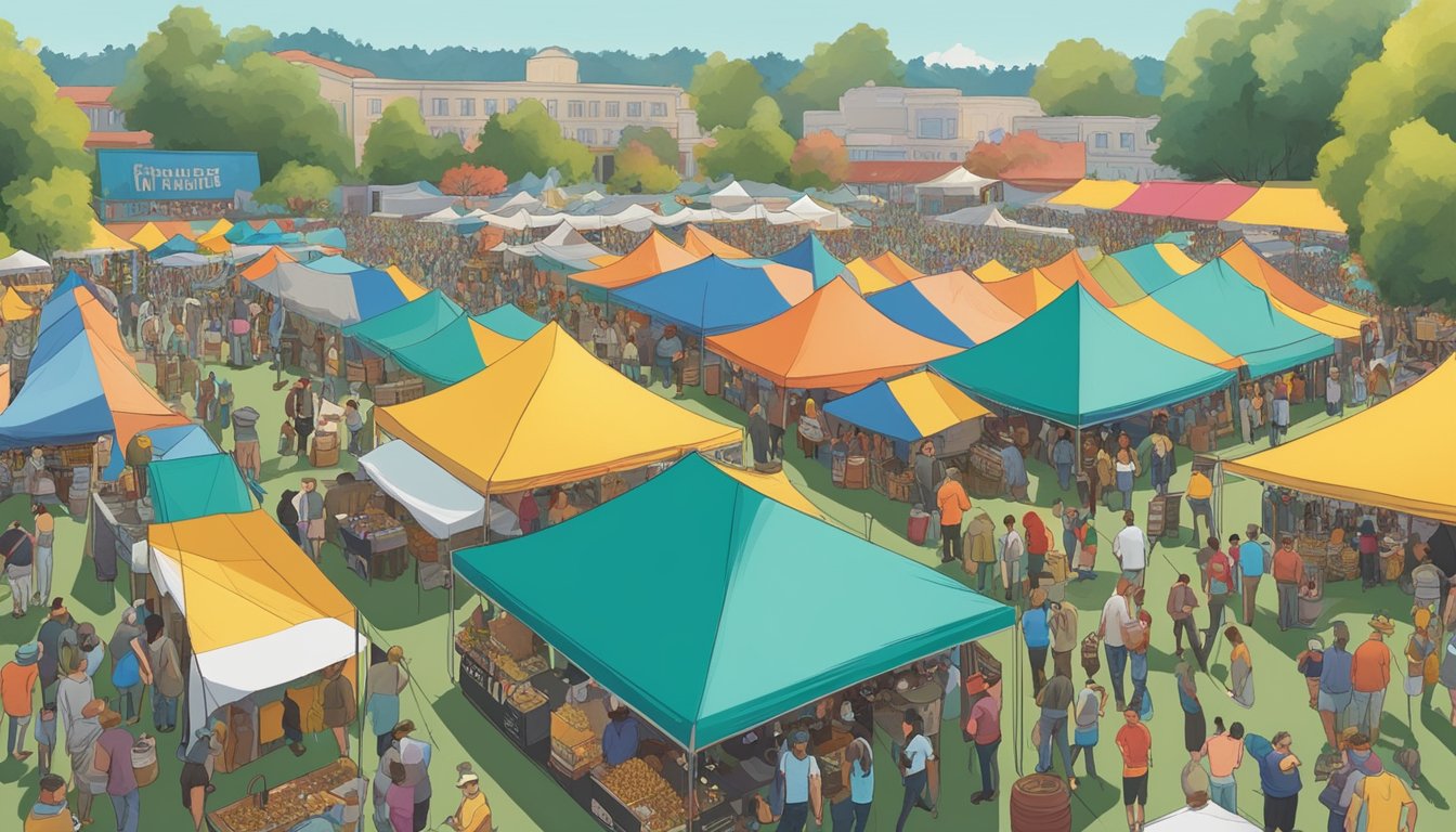 A bustling craft beer festival in San Mateo, with rows of colorful tents, people sampling beer, and live music filling the air